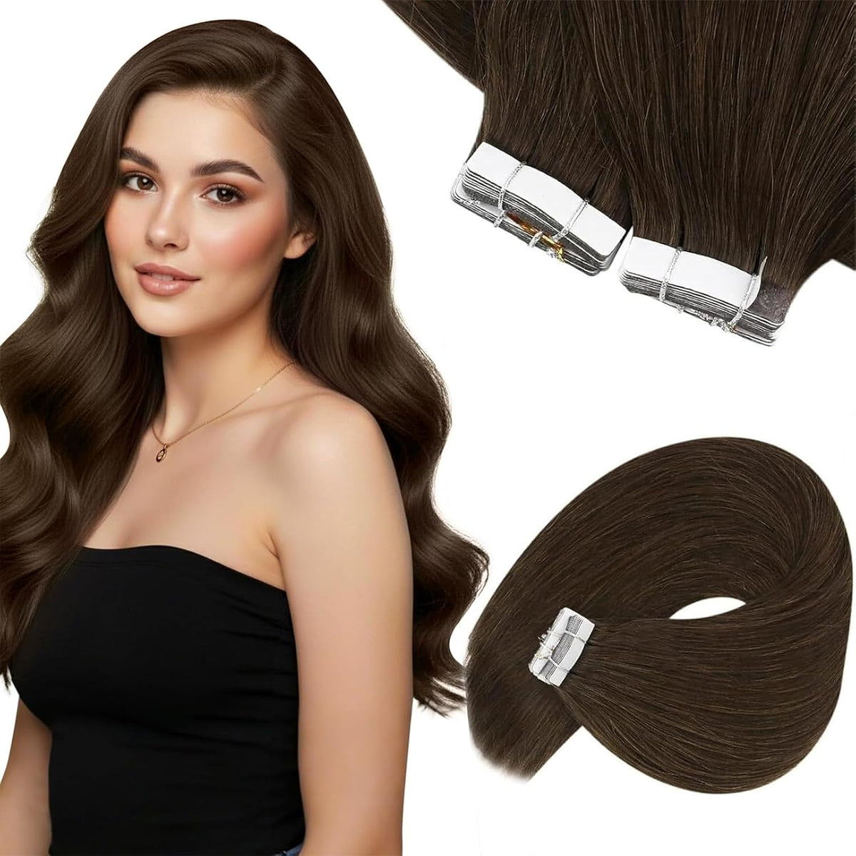Sunny Hair Tape in Hair Extensions Real Human Hair Invisible Remy Hair Extensions Tape ins for Women Jet Black 22 inch 20Pcs 50G