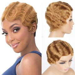 ONICA Short Pixie Cut Wigs Brazilian Virgin Human Hair Wigs Finger Ocean Wave Wig Mommy Hair for Black Women 1B#