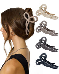 4 PCS Bow Hair Clips Bow Claw Clip for Women, Large Hair Claw Clips for Thin Thick Long Hair Cute Nonslip Bows (Black+Grey+Dark Brown+Light Brown)