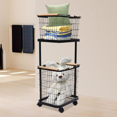 Laundry Basket, 2 Tier Laundry Basket, Metal Laundry Holder w/Wheels, Detachable Two-layer Rolling Dirty Clothes Storage Organizer, Use for Bathroom, Balcony, Hotel (Black)