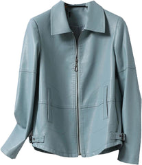 Hgvcfcv Women Short Turn-Down Collar Split Sheepskin Outwear Slim Zipper Women Leather Blazer