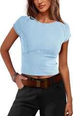 SENSERISE Womens Crop Tops Tight T Shirts Cap Sleeve Basic Tees Slim Fit Baby Tees Y2k Clothes Fall Outfits
