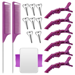 17 Piece Hair Tool Set - Sectioning Rings, Metal Combs, Clips and Magnetic Wrist Pin Holder for Braiding (Black)