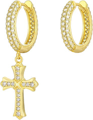 KRKC&CO Cross Earrings for Men, Gift for Him, Sterling Silver Dangle Earrings, Hypoallergenic 15mm Round Hoop Hinged Hanging for Women, Fathers Day