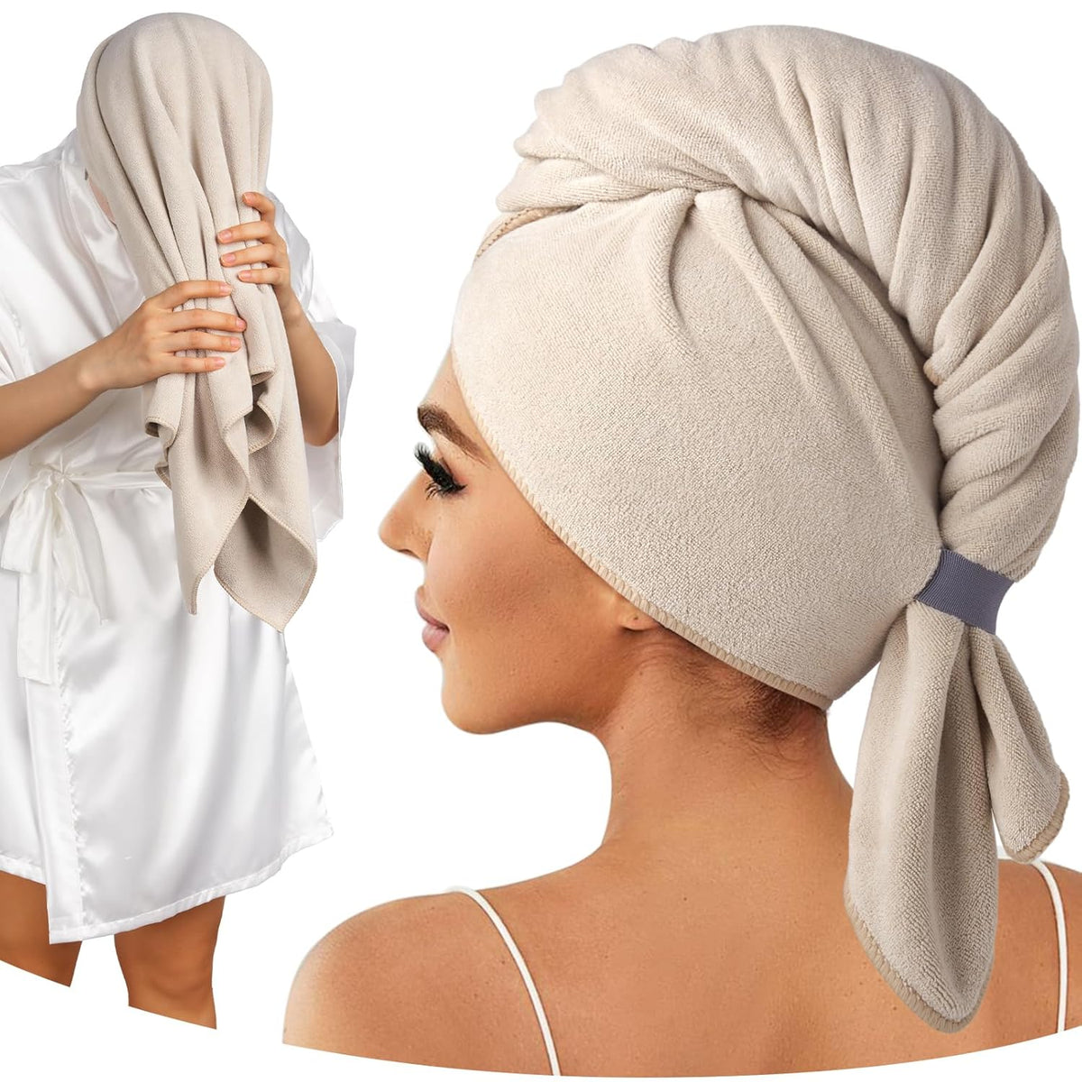 Umisleep 100% Microfiber Hair Towel, 41" x 22" Super Absorbent Hair Care Towel, Ultra Soft Hair Towel Wrap with Elastic Loop, Large Curly Hair Towel for Women Long, Thick Hair, Camel