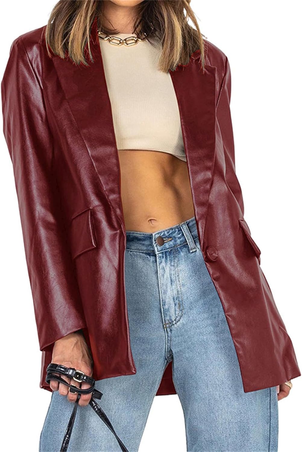 Women Faux Leather Blazer Jacket Oversized Long Sleeve PU Coat Blazer Motorcycle Shacket Outerwear
