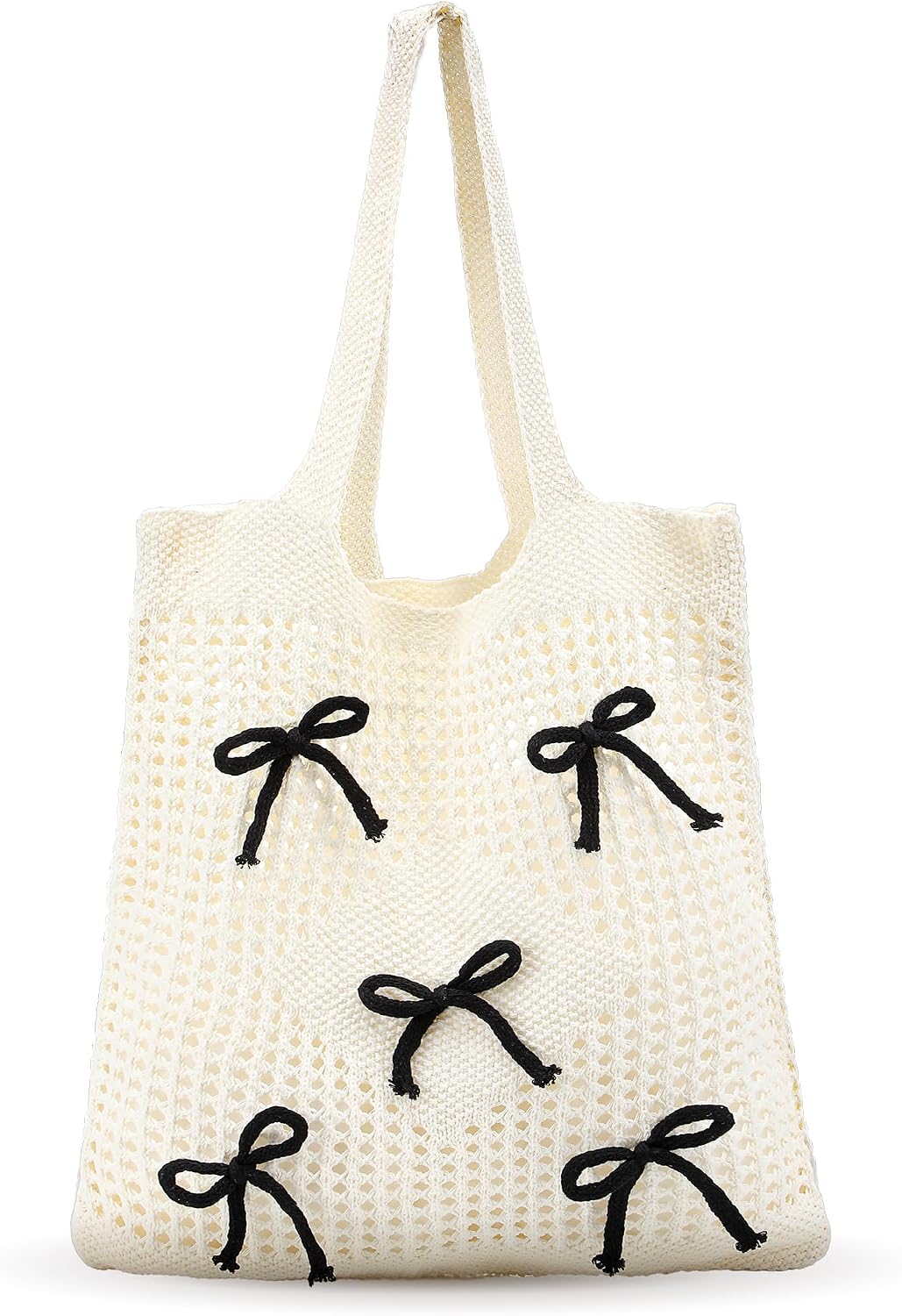 Bow Crochet Tote Bag for Women Mesh Knitted Shoulder Bag Coquette Cute Aesthetic Travel Tote for Girls