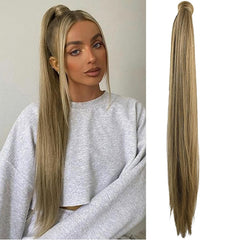 SEIKEA 28 Inch Clip in Ponytail Extension Wrap Around Long Straight Pony Tail Hair Synthetic Hairpiece for Women Color Blonde with Pale Gold Highlights