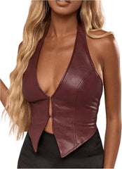 SOLY HUX Women's PU Leather Halter Tank Tops Sexy Deep V Neck Asymmetrical Vest Corset Party Clubwear