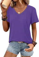 ATHMILE Womens V Neck Short Sleeve Summer T Shirts Curved Hem Plain Top Beach