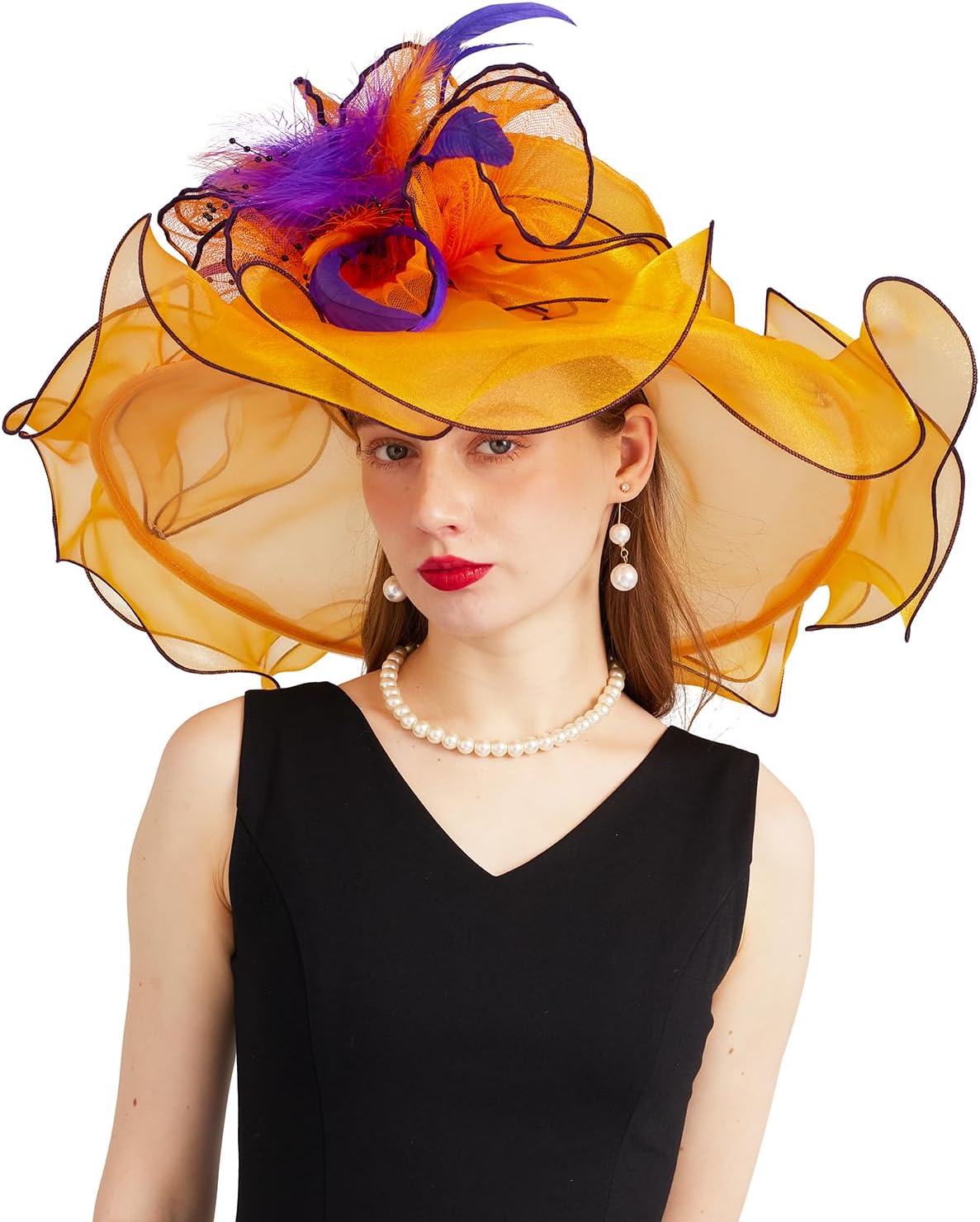 Organza Derby Hats for Women Wide Brim Fascinator Hat Rose Flower Wedding Tea Party Hat