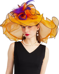 Organza Derby Hats for Women Wide Brim Fascinator Hat Rose Flower Wedding Tea Party Hat