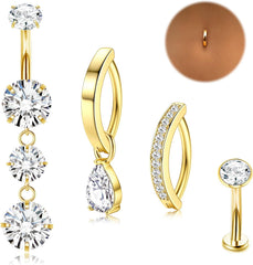 LOLIAS Gold Belly Button Ring - 14G Surgical Stainless Steel Belly Rings Hypoallergenic Clicker Belly Button Piercings for Women CZ Dangle Belly Button Rings Navel Piercing Pack Silver/Gold