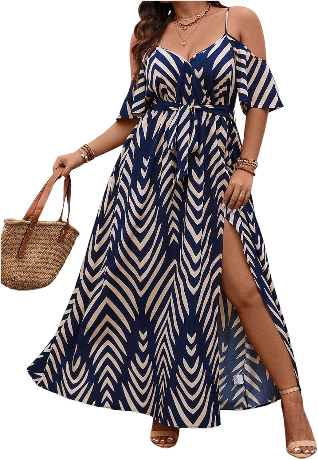 Floerns Women's Plus Size Cold Shoulder Short Sleeve Split Thigh Long Dress