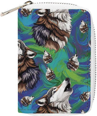 Pu Leather Zipper Slim Wallet Bag for Women, Cool Wolf Flower Art Credit Card Holder Organizer with 20 Card Slots Portable Mini Purse