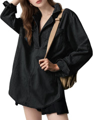 Women's Denim Shirts Long Sleeve Button V Neck Blouse Casual Loose Fit Pullover Tops Comfy Jean Jacket with Pocket
