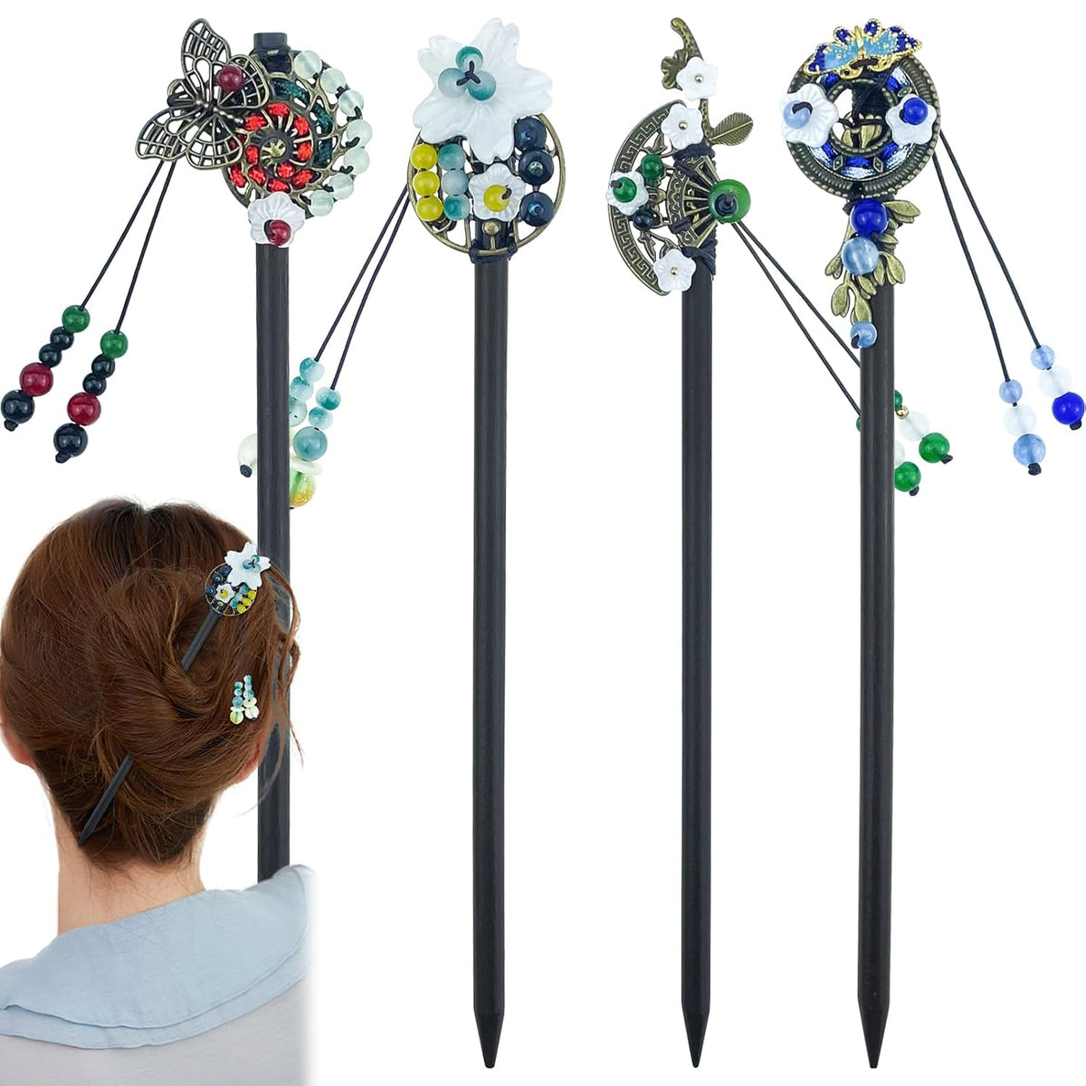 4 Pcs Japanese Chinese Hair Stick Retro Wooden Hairpin Flower Hair Chopsticks Vintage Hanfu Pins Headdress Classic Hair Fork for Long Hair Women