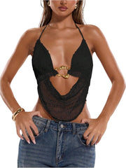 SHENHE Women's Sexy Y2k Halter Going Out Top Open Back Deep V Neck Metal Ring Rave Shirt