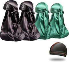 4PCS Silky Durags for Men Women 360 Waves with 1 Wave Cap, Silky Satin Durag Extra Long Tails