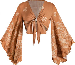 Women's Going Out Tops Western Country Concert Outfits Tie Front Boho Tops Long Bell Sleeve 70s Hippie Disco Clothes