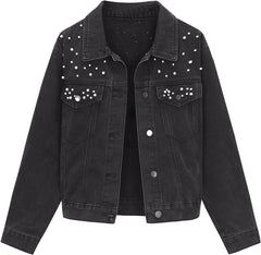 Women's Bride Jean Jacket Trendy Spring Long Sleeve Button Up Pearl Denim Jackets
