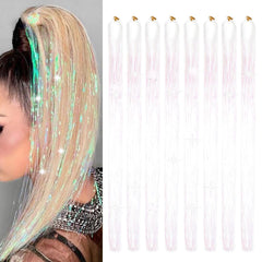 Hair Tinsel 50inch 8packs 1600 Strands White Tinsel Hair Extensions Shiny Hair Accessories Sparkling Fairy Glitter Hair Extension for Women Girls Kids(50",White)