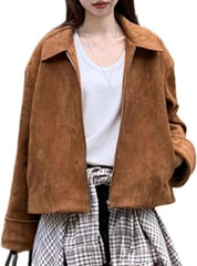 VCM Suede Jacket Women Y2k Jacket Faux Leather Cropped Brown Jacket Women Fall Jackets Fashion 2024 Trendy Bomber Jacket