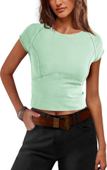 SENSERISE Womens Crop Tops Tight T Shirts Cap Sleeve Basic Tees Slim Fit Baby Tees Y2k Clothes Fall Outfits