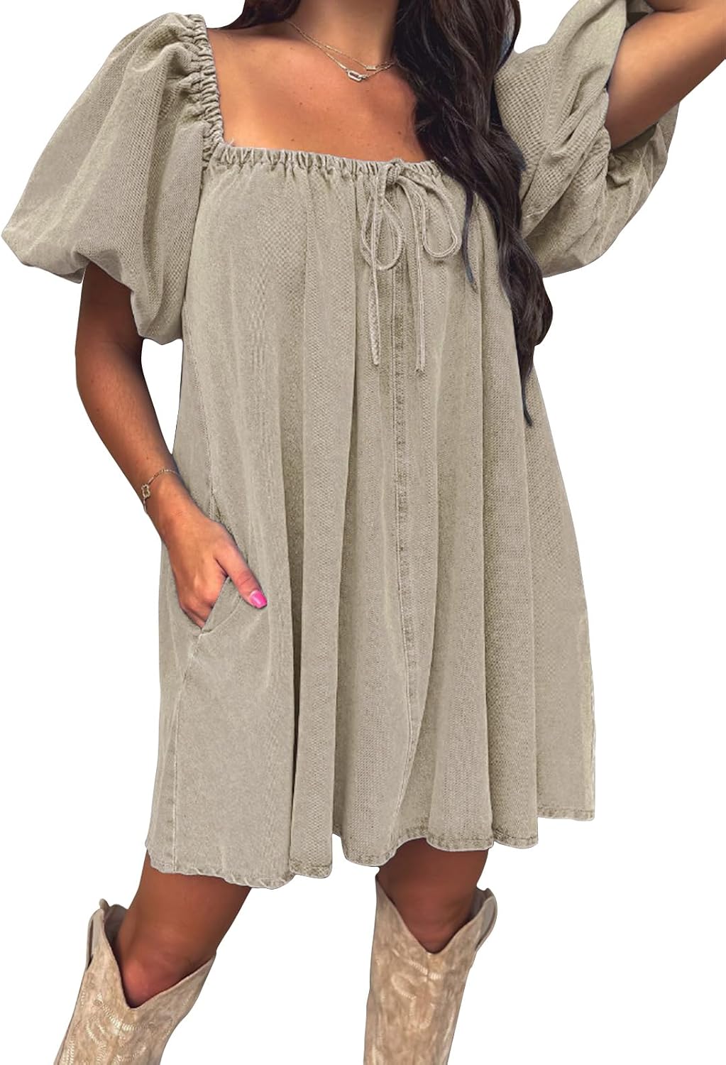 EXLURA Womens Summer Denim Short Puff Sleeve Dresses Knit Loose Plus Size Short Mini Dress 2025 Trendy Outfit