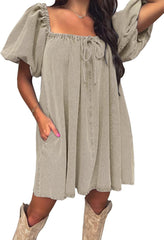 EXLURA Womens Summer Denim Short Puff Sleeve Dresses Knit Loose Plus Size Short Mini Dress 2025 Trendy Outfit
