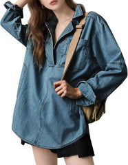 Women's Denim Shirts Long Sleeve Button V Neck Blouse Casual Loose Fit Pullover Tops Comfy Jean Jacket with Pocket