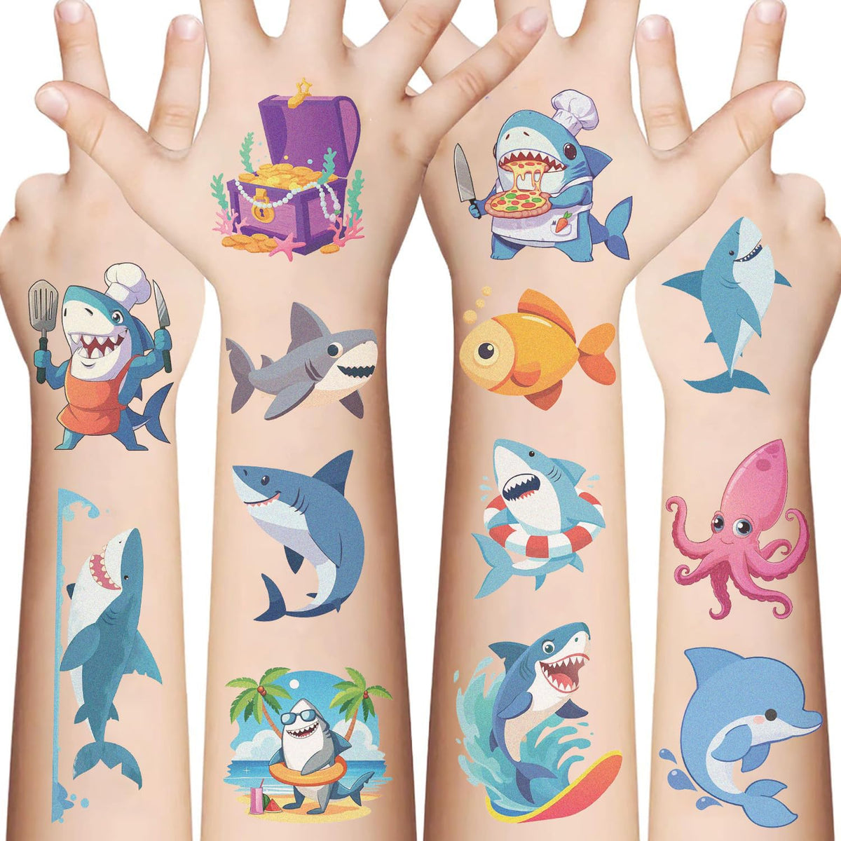 96 PCS Shark Temporary Tattoos Sticker Sea Animal Fish Under The Sea Ocean Birthday Party Decorations Decor Favors Supplies Gifts Boys Girls Cute Fake Tattoo School Reward Themed(Shark)