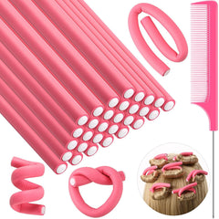 Syhood 30 Pieces Flexible Curling Rods Twist Hair Rollers Soft Foam Rods No Heat and 1 Pcs Steel Rat Tail Comb for Women Long and Short Hair(7 x 0.3 Inch,Pink)