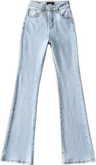 Women's Mid Waist Flare Jeans Zipper Fly Long Length Slim Fit Casual Denim Pants