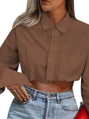 Women Cropped Button Down Shirt Asymmetric Hem Long Sleeve Collared Blouse Top