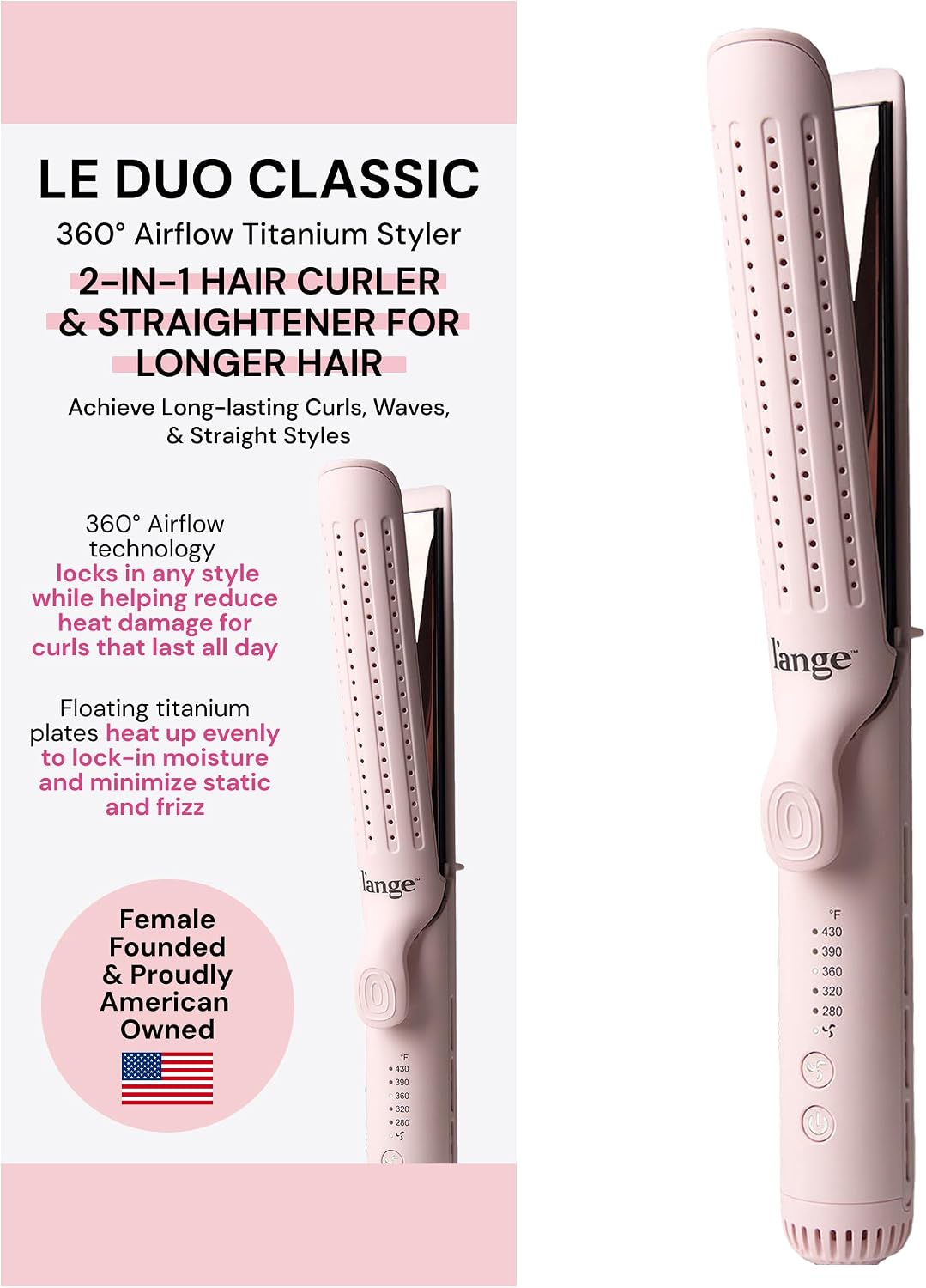 L'ANGE HAIR Le Duo Standard 360° Airflow Styler | 2-in-1 Curling Wand & Titanium Flat Iron Hair Straightener | Professional Hair Curler with Cooling Air Vents | Dual Voltage & Adjustable Temp (Blush)