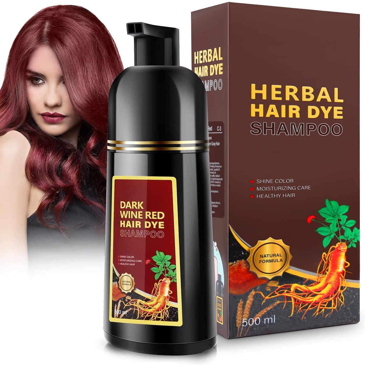Black Hair Dye Shampoo 3 in 1, Herbal Shampoo Hair Dye for Women Men, Grey Coverage Shampoo 16.9fl oz