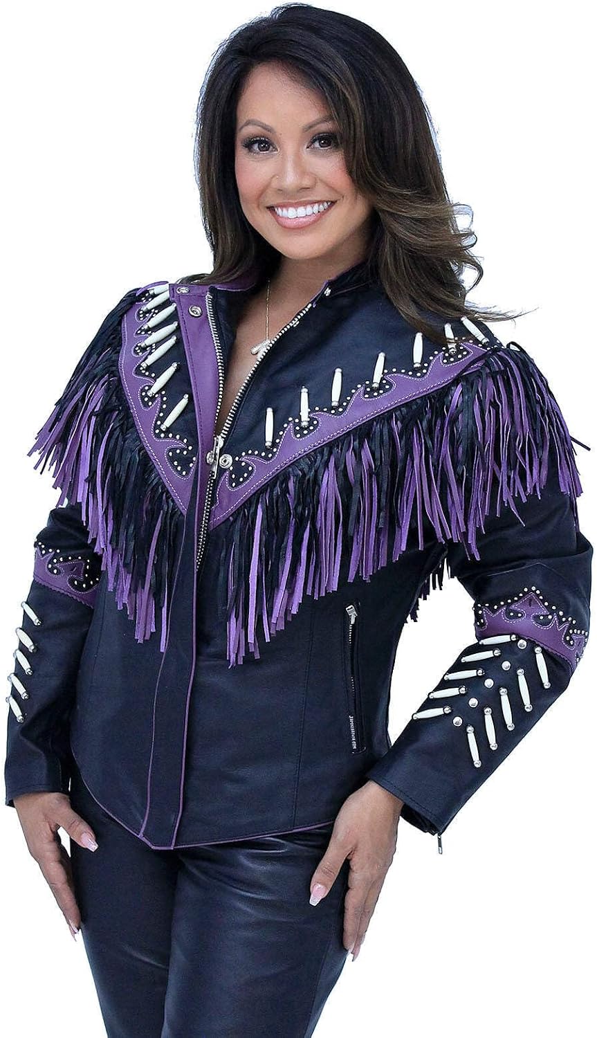 Genuine Bone & Purple Fringe Leather Jacket #L1616FBPUR