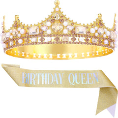 FORSEVEN King Crown for Men Crystal Pearl Wedding Tiaras Birthday Party Round Crowns