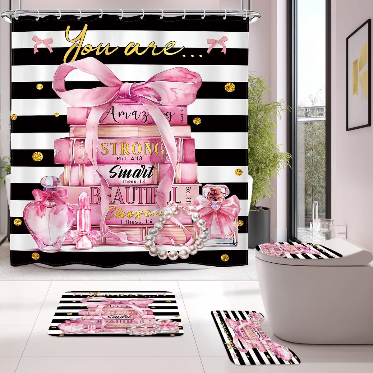 Riyidecor 4PCs Fashion Shower Curtain Bathroom Set with Non-Slip Rugs Toilet Lid Cover and Bath Mat Black White Stripe Pink Modern Book Waterproof 12 Pack Hooks 72x72 inch Women Shower Curtain Decor