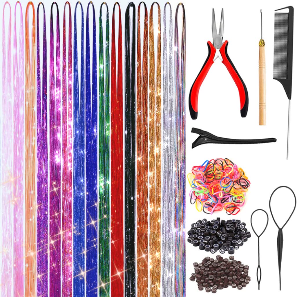 Fairy Hair Tinsel Kit with Tools 48 Inch Heat Resistant Safe 12 Colors Glitter Tinsel Hair Extensions 3200 strands (12 Colors, 3200 Strands)