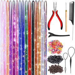 Fairy Hair Tinsel Kit with Tools 48 Inch Heat Resistant Safe 12 Colors Glitter Tinsel Hair Extensions 3200 strands (12 Colors, 3200 Strands)