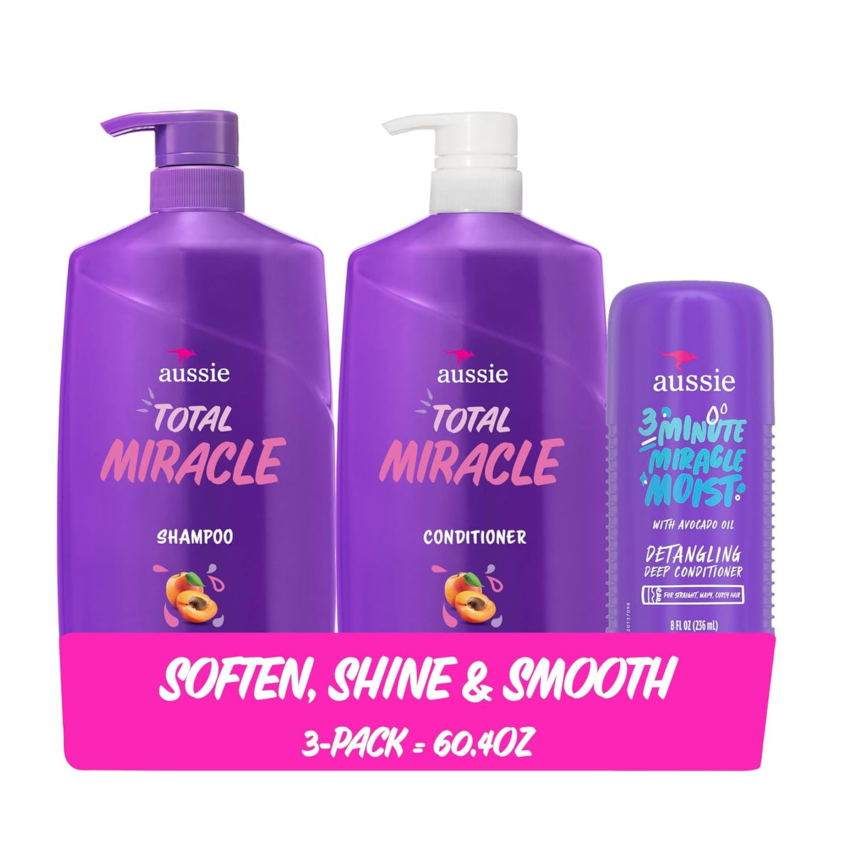 Aussie Miracle Moist Shampoo and Conditioner with 3 Minute Miracle Deep Conditioner, Avocado & Jojoba Oil, Paraben-Free, Moisturizes & Detangles, All Hair Types, Citrus Floral Scent, 3 Pack 68.4 Fl Oz