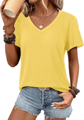 ATHMILE Womens V Neck Short Sleeve Summer T Shirts Curved Hem Plain Top Beach