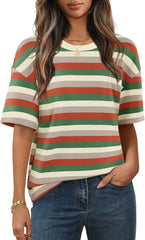 MEROKEETY Women's Summer Short Sleeve Shirt Casual Colourful Striped Crewneck Loose Tops Blouse