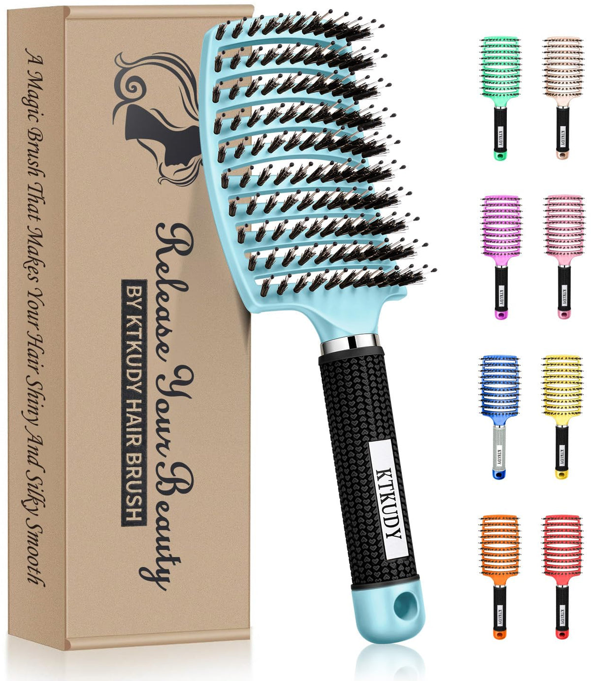 KTKUDY Detangling Brush Boar Bristles Hairbrush Make Hair Shiny & Healthier Curved and Vented Detangler Brush for Women Men Kids Wet & Dry Hair (Light green)