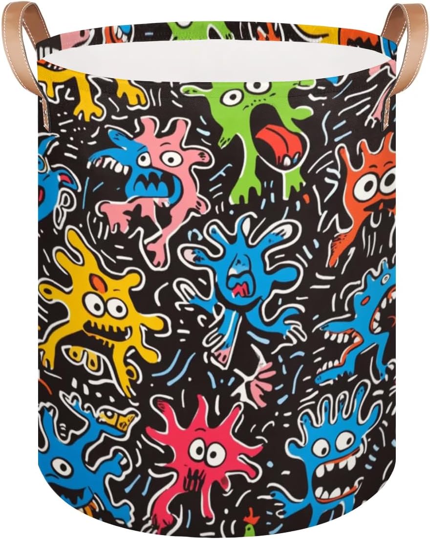 Large Laundry Hamper Basket Alien Monster Round Collapsible Storage Organizer Bin for Kids, Boys, Nursery, Closet, Bedroom, Playroom, Toys, Dirty Clothes, 16"W x 20"H