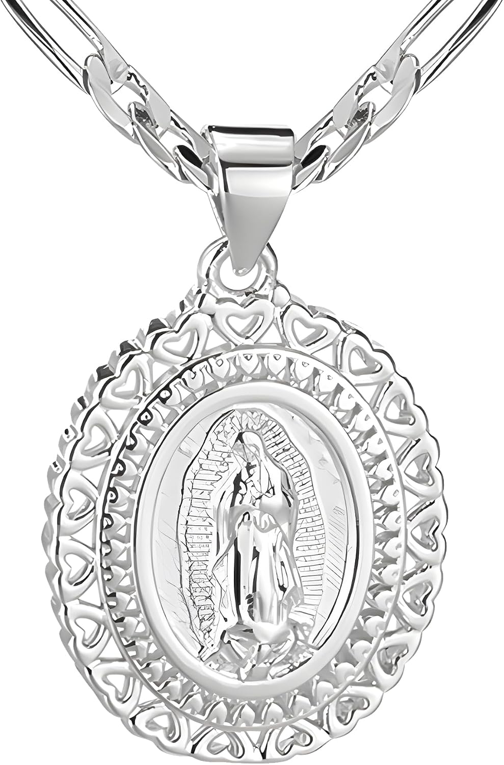 Virgin Mary Necklace for Women, 14K Gold Plated Copper Virgen de Guadalupe Charm Pendant, Valentine Mother's Day Our Lady Blessed Christian Catholic Gifts for Her with Jewelry Box Figaro Chain