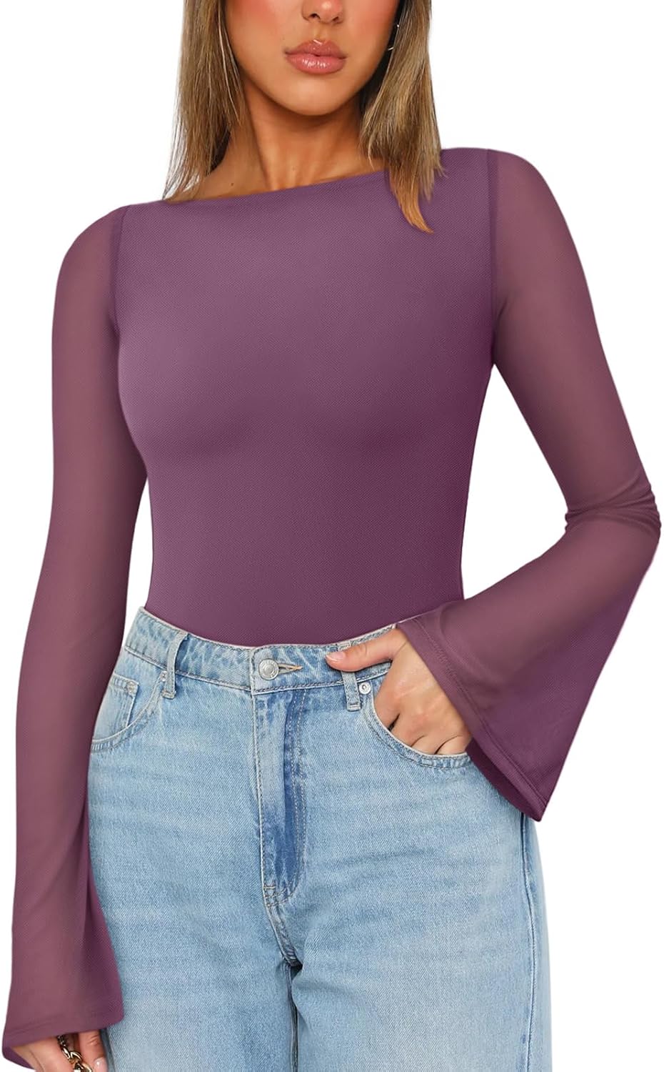 REORIA Women's Trendy Sexy Boat Neck Bell Sleeve Sheer Mesh Going Out Bodysuit Tops