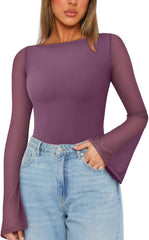REORIA Women's Trendy Sexy Boat Neck Bell Sleeve Sheer Mesh Going Out Bodysuit Tops